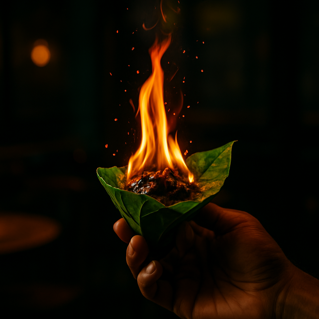 Dramatic fire paan with flames in a moody cafe setting